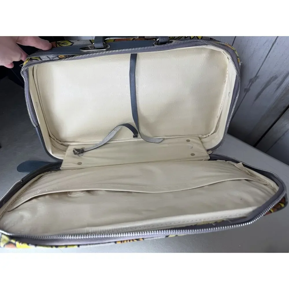 Vintage BANTAM TRAVEL 1960’s Fabric Canvas Yellow Gray Floral Suitcase Retro